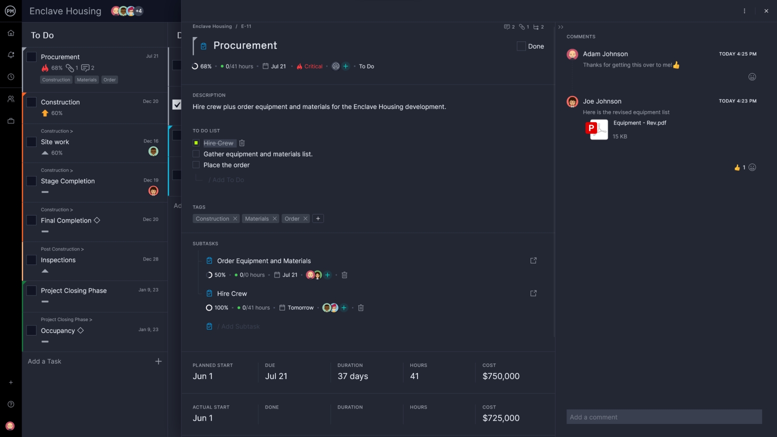Kanban card showing card details