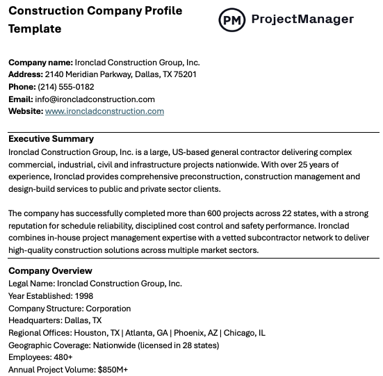 construction company profile template for Word